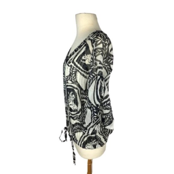Diane Von Furstenberg Silk Chiara Peasant Blouse Black White Size 6 - Picture 4 of 5